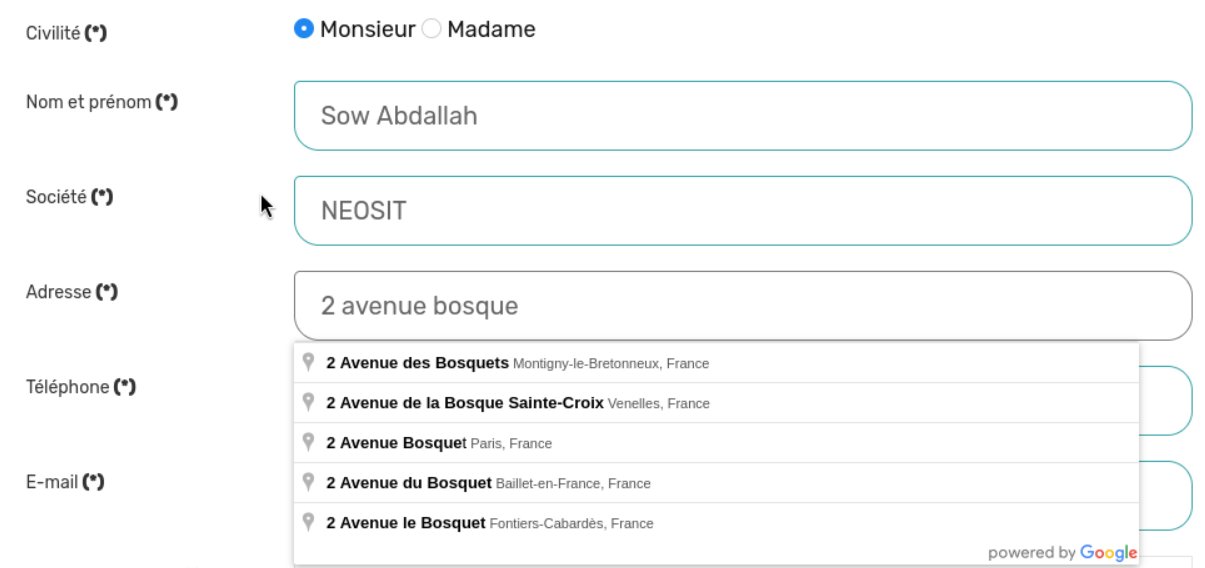 Test de saisie d'adresse dynamique avec API Google Place dans un formulaire
